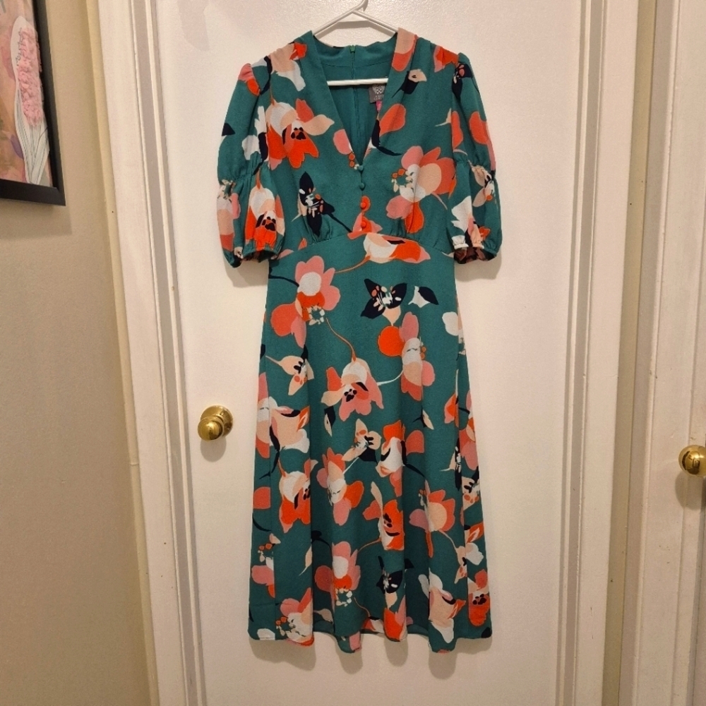 VINCE CAMUTO Pebble Crepe Vintage Floral Midi Dress Puff Sleeves Pockets Size 6